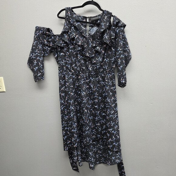 Lane Bryant Dress Womens 16P Black Floral Ruffle Cold Shoulder Belted Midi - Picture 1 of 14